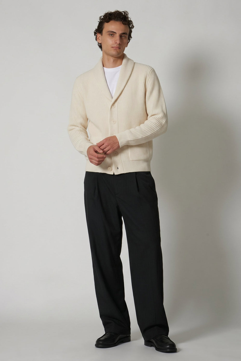 Ivory Pure Cashmere Shawl Collar English Rib Cardigan