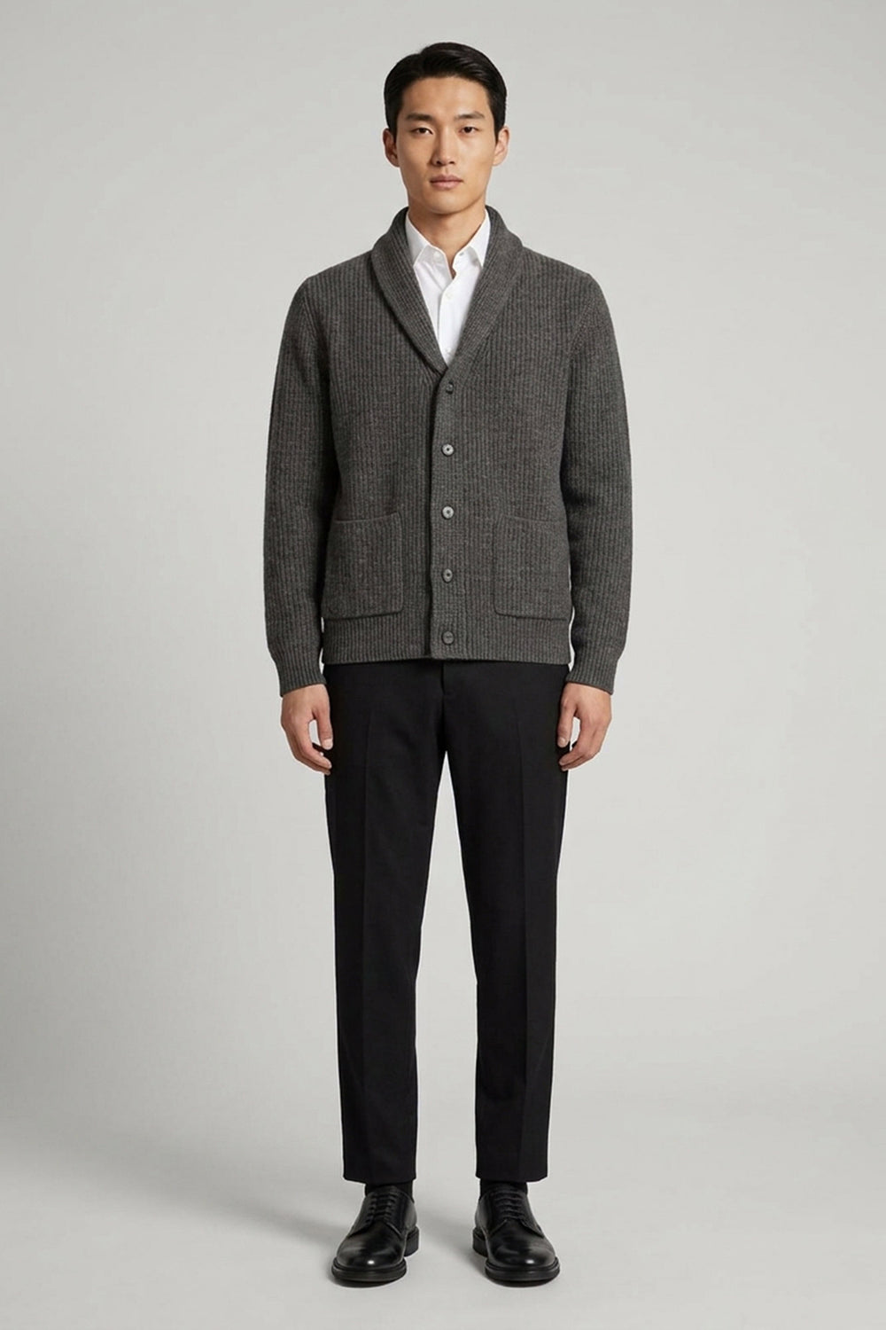 Dark Grey Pure Cashmere Shawl Collar English Rib Cardigan