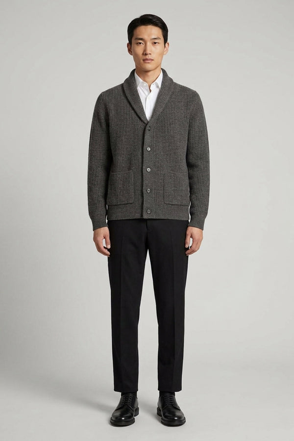 Cardigan Collo a Scialle a Costa Inglese in Puro Cashmere Flanella