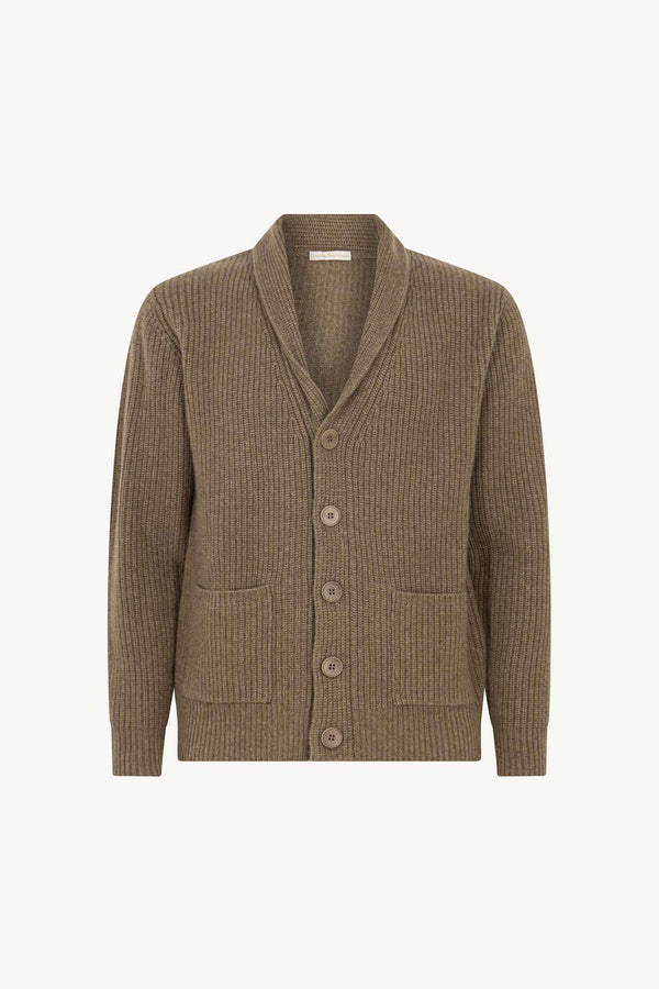Cardigan Collo a Scialle a Costa Inglese in Puro Cashmere Dune