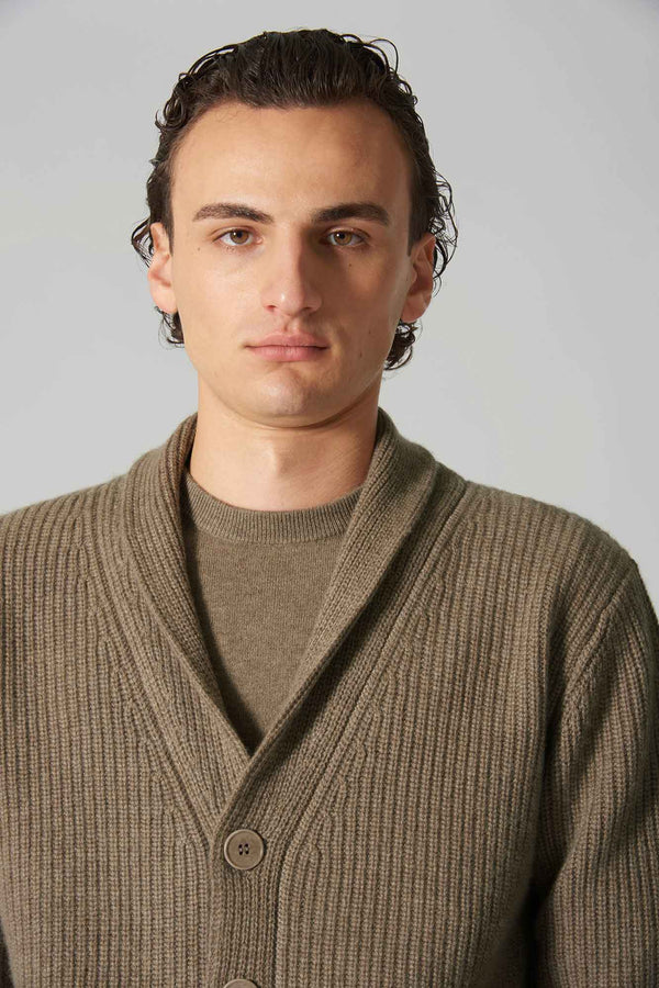 Cardigan Collo a Scialle a Costa Inglese in Puro Cashmere Dune