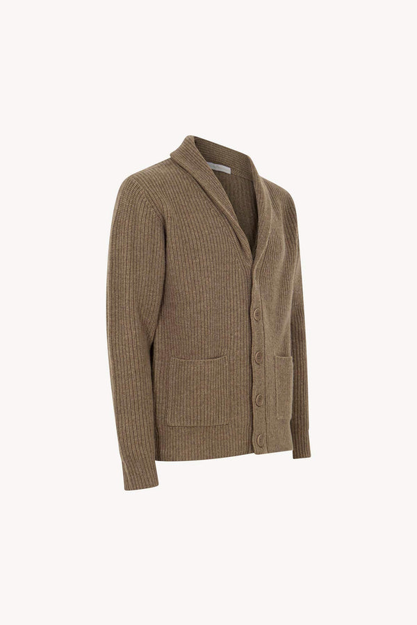 Cardigan Collo a Scialle a Costa Inglese in Puro Cashmere Dune