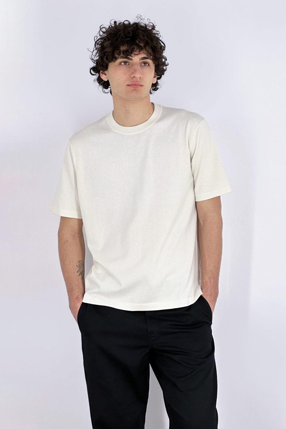 Maglia Girocollo Mezza Manica in Cotone Cashmere Avorio