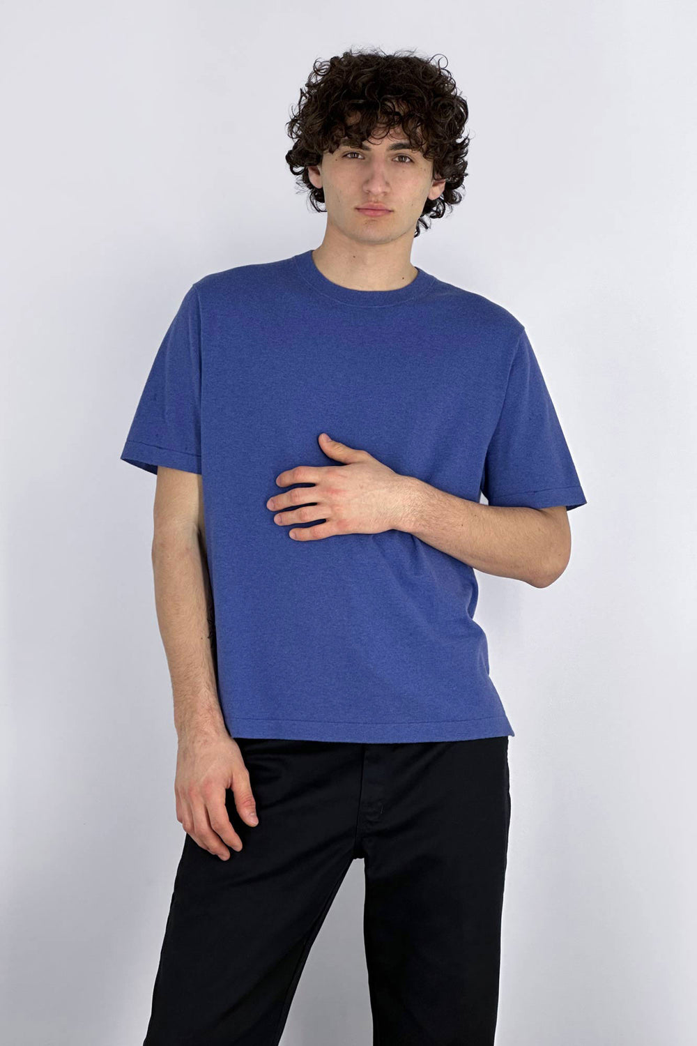 Maglia Girocollo Mezza Manica in Cotone Cashmere Denim