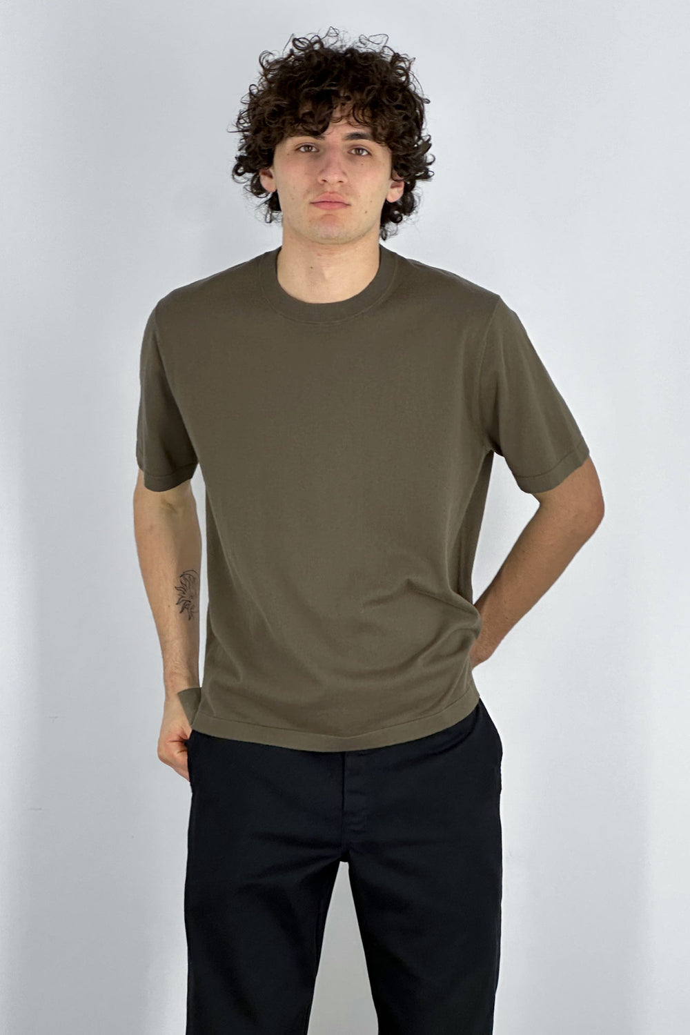 Maglia Girocollo Mezza Manica in Cotone Cashmere Color Fango