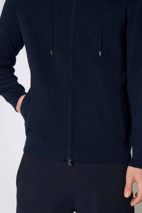 Felpa con Cappuccio in Cotone Seta Navy