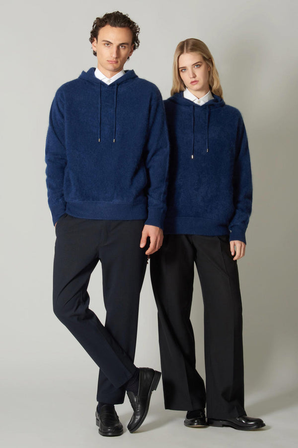 Felpa con Cappuccio Unisex in Puro Cashmere Spazzolato Marino