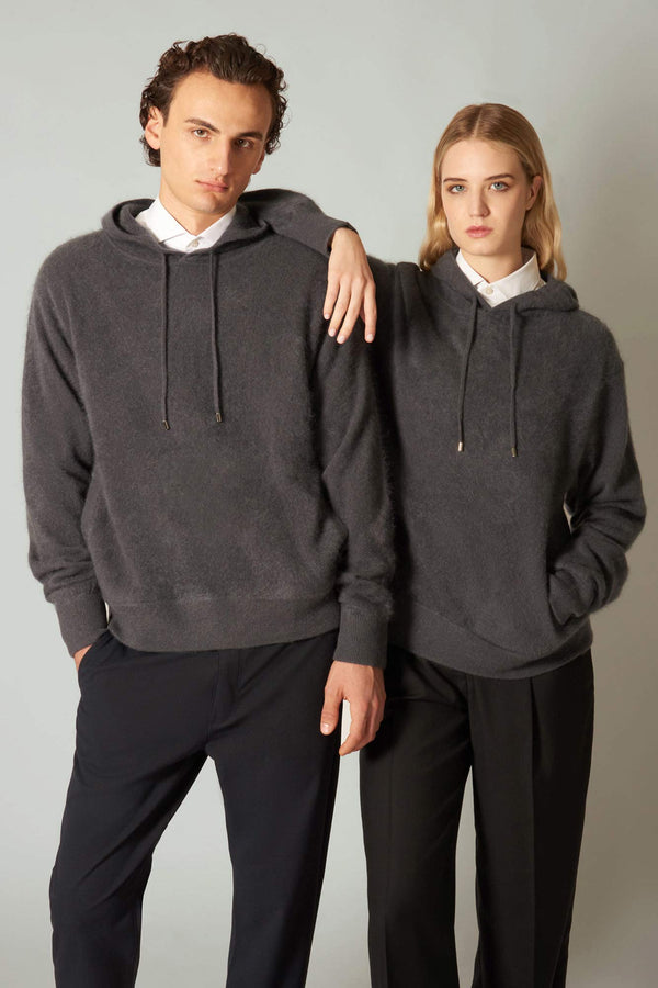 Felpa con Cappuccio Unisex in Puro Cashmere Spazzolato Ardesia