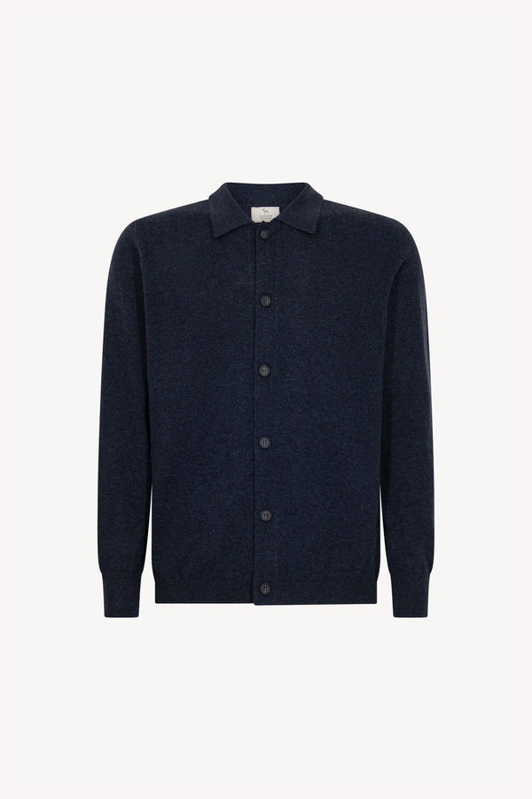 Cardigan collo a Camicia in Puro Cashmere Oceano