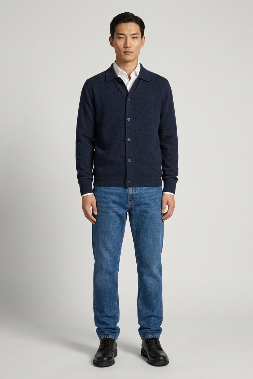 Marine Blue Pure Cashmere Shirt-collar Cardigan