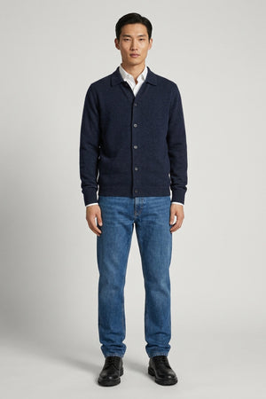 Cardigan collo a Camicia in Puro Cashmere Oceano