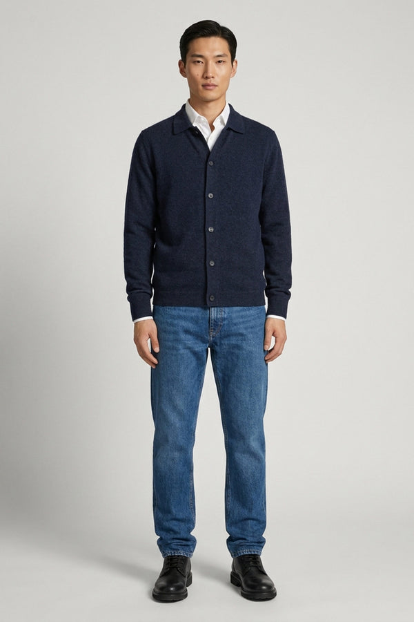 Cardigan collo a Camicia in Puro Cashmere Oceano