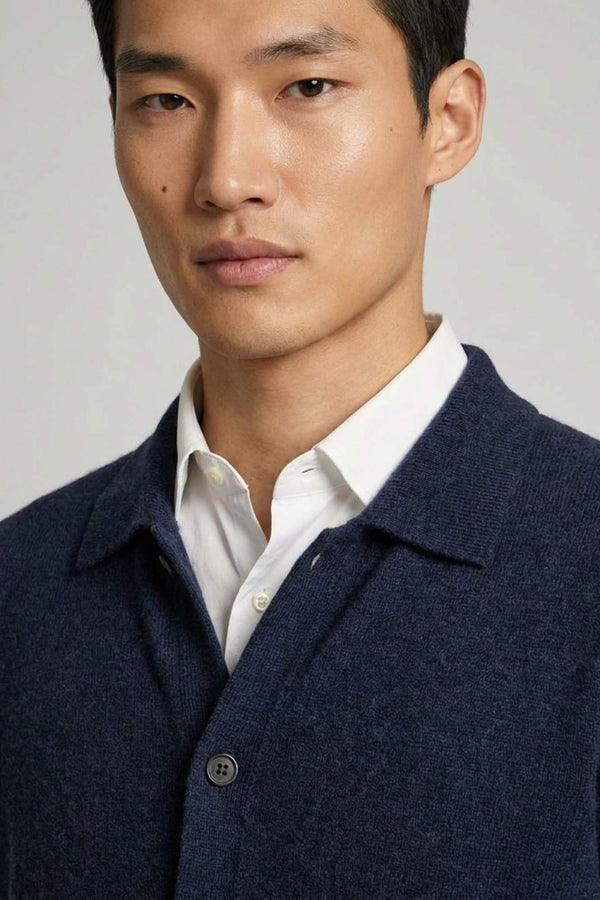 Cardigan collo a Camicia in Puro Cashmere Oceano