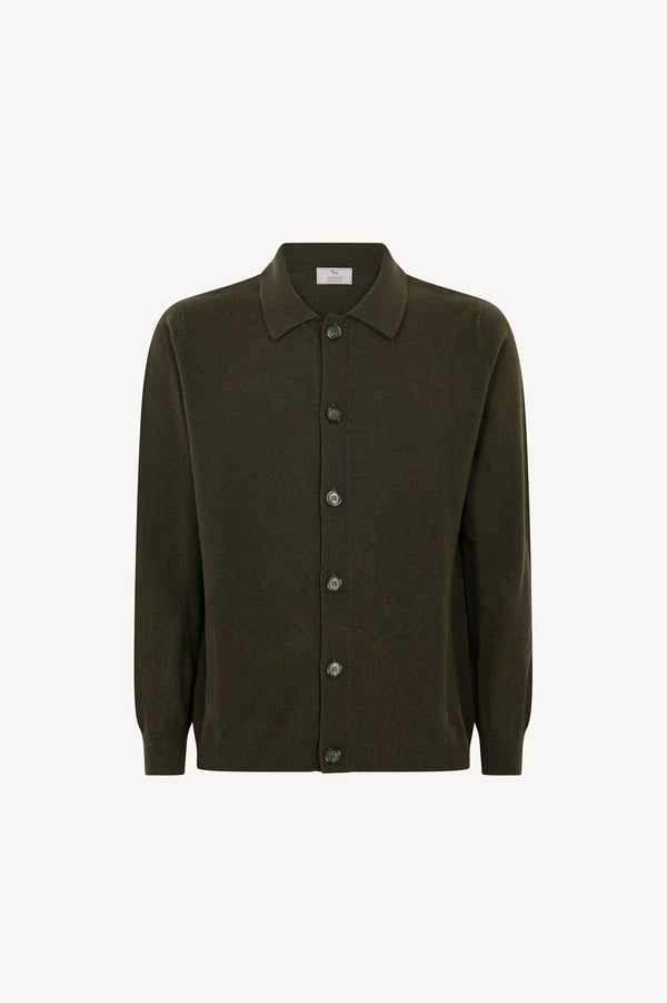 Cardigan collo a Camicia in Puro Cashmere Bosco