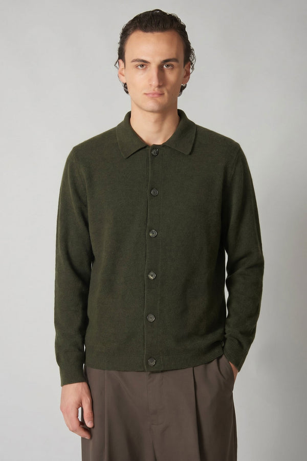 Cardigan collo a Camicia in Puro Cashmere Bosco