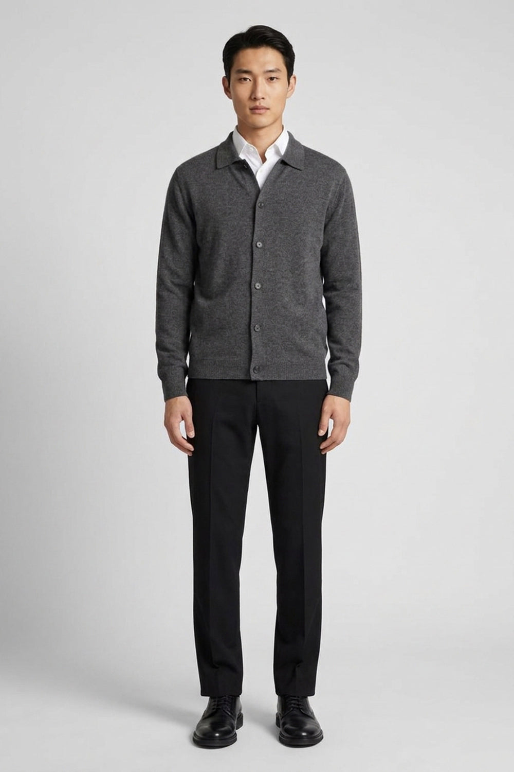 Dark Grey Pure Cashmere Shirt-collar Cardigan