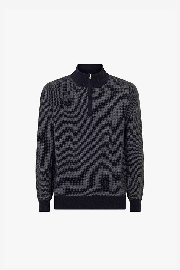 Lupetto Mezza Zip Jacquard in Puro Cashmere Oceano
