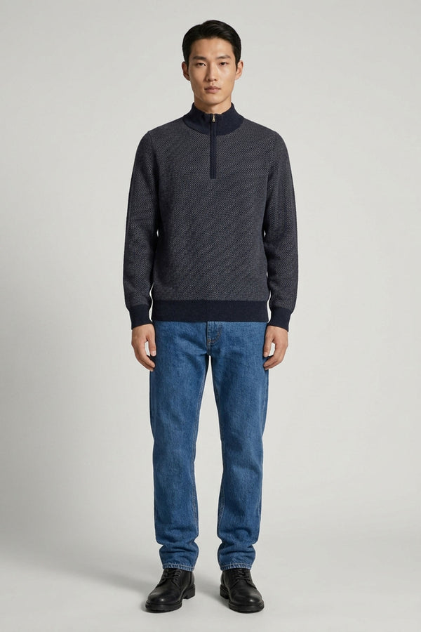 Lupetto Mezza Zip Jacquard in Puro Cashmere Oceano