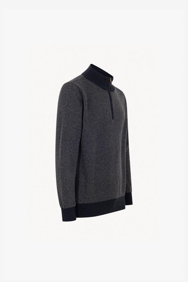 Lupetto Mezza Zip Jacquard in Puro Cashmere Oceano