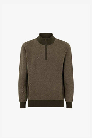 Dark Green Pure Cashmere Jacquard Half-Zip Mock Neck Sweater