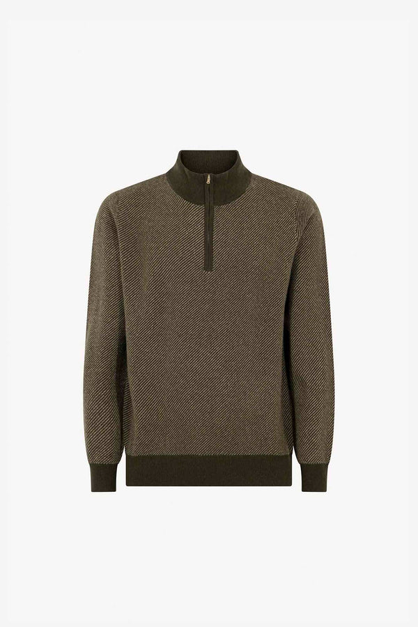 Dark Green Pure Cashmere Jacquard Half-Zip Mock Neck Sweater