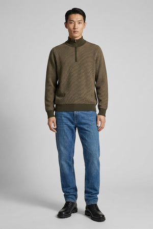 Dark Green Pure Cashmere Jacquard Half-Zip Mock Neck Sweater