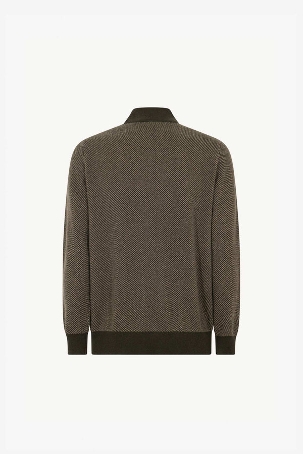 Dark Green Pure Cashmere Jacquard Half-Zip Mock Neck Sweater
