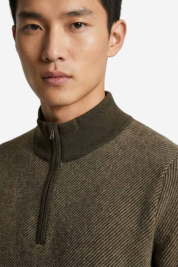Dark Green Pure Cashmere Jacquard Half-Zip Mock Neck Sweater