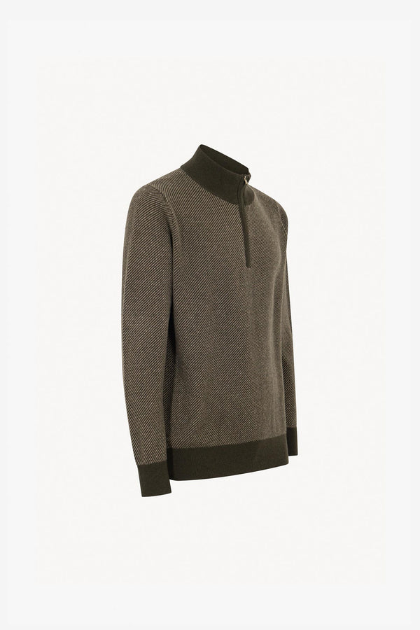 Dark Green Pure Cashmere Jacquard Half-Zip Mock Neck Sweater