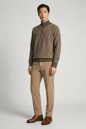 Lupetto Mezza Zip Jacquard in Puro Cashmere Corteccia