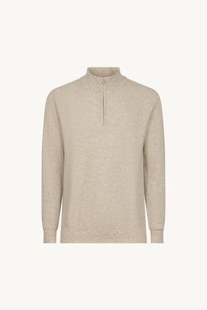 Greige Pure Cashmere English Rib Half-Zip Mock Neck Sweater
