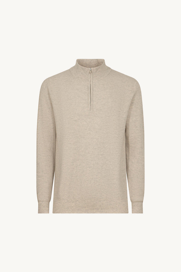 Greige Pure Cashmere English Rib Half-Zip Mock Neck Sweater
