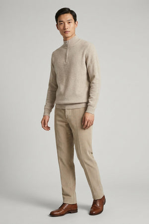 Greige Pure Cashmere English Rib Half-Zip Mock Neck Sweater