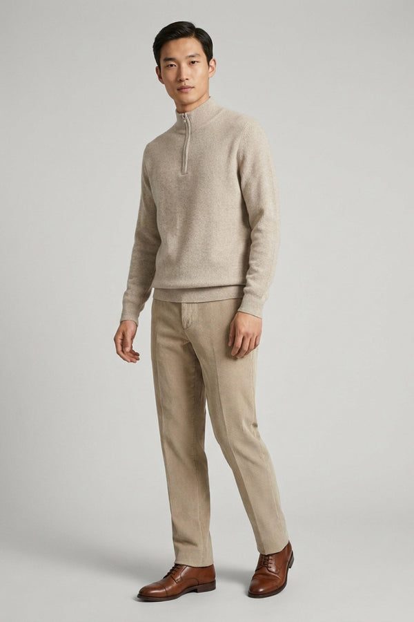 Greige Pure Cashmere English Rib Half-Zip Mock Neck Sweater