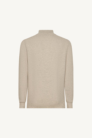 Greige Pure Cashmere English Rib Half-Zip Mock Neck Sweater