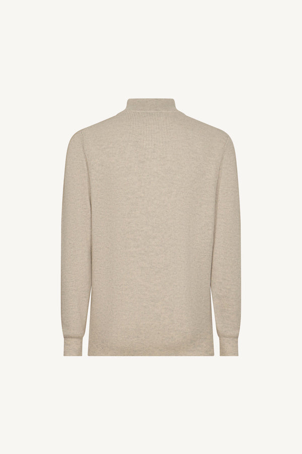 Greige Pure Cashmere English Rib Half-Zip Mock Neck Sweater