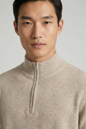 Greige Pure Cashmere English Rib Half-Zip Mock Neck Sweater