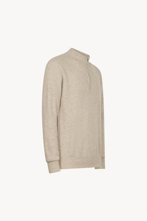 Greige Pure Cashmere English Rib Half-Zip Mock Neck Sweater