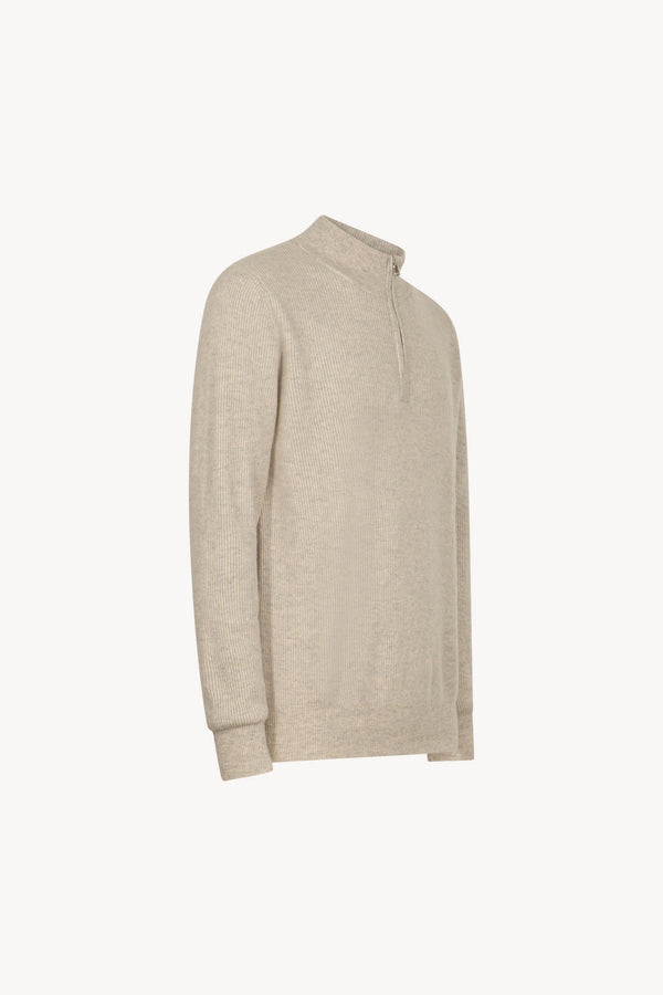 Greige Pure Cashmere English Rib Half-Zip Mock Neck Sweater