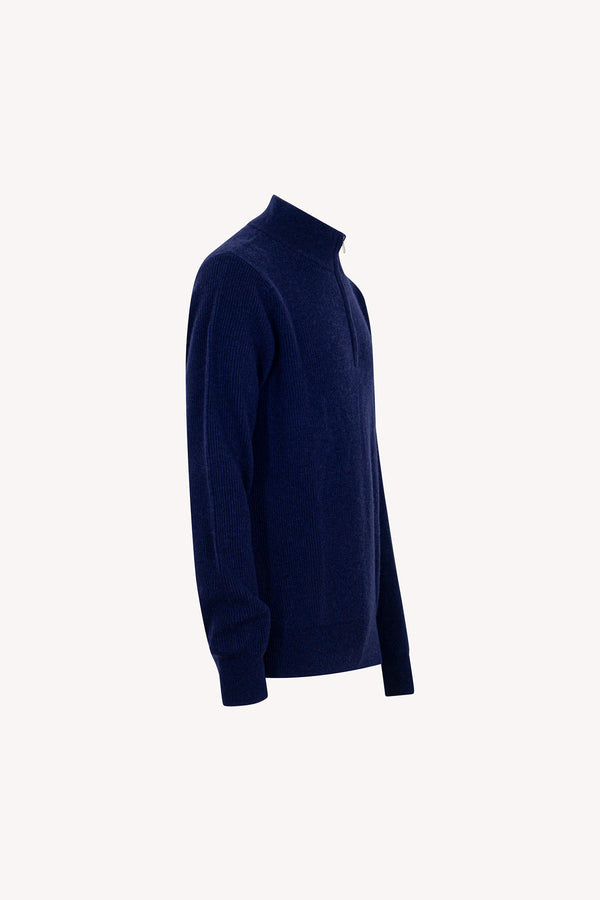 Lupetto Mezza Zip a Costa Inglese in Puro Cashmere Ink Blue