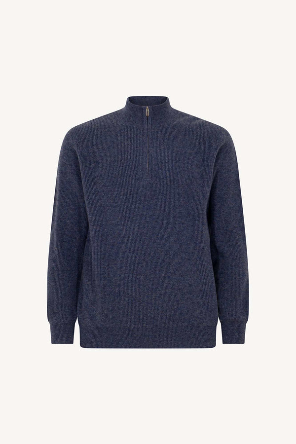 Lupetto Mezza Zip a Costa Inglese in Puro Cashmere Denim Scuro