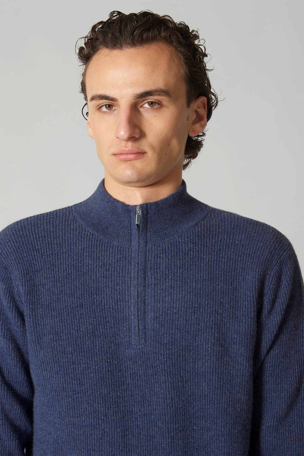 Lupetto Mezza Zip a Costa Inglese in Puro Cashmere Denim Scuro