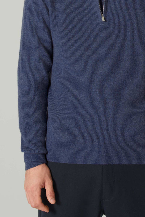Lupetto Mezza Zip a Costa Inglese in Puro Cashmere Denim Scuro