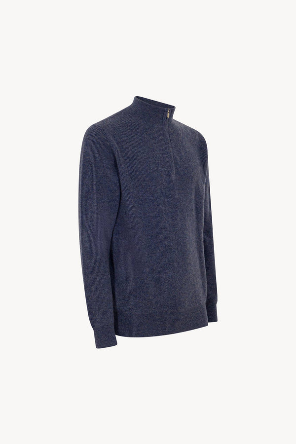 Lupetto Mezza Zip a Costa Inglese in Puro Cashmere Denim Scuro