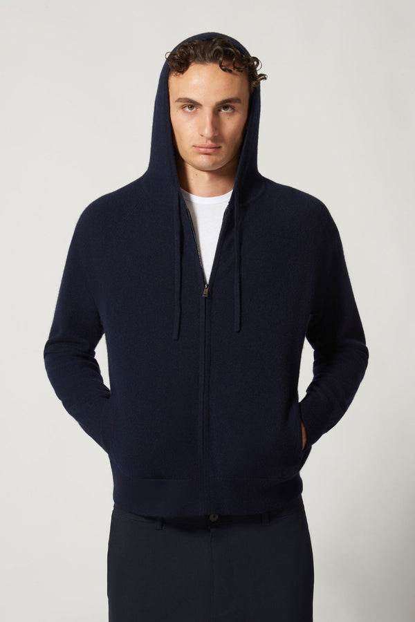 Felpa Uomo con Cappuccio in Puro Cashmere Navy