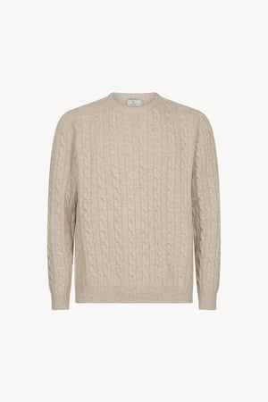 Maglia Girocollo a Trecce 6 Fili in Puro Cashmere Ghiaia