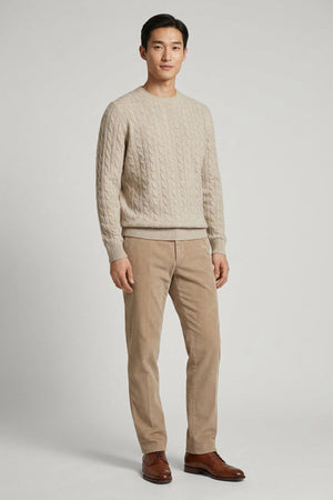 Maglia Girocollo a Trecce 6 Fili in Puro Cashmere Ghiaia