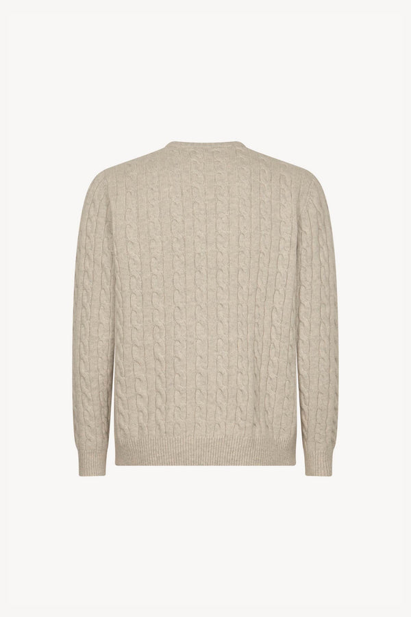 Maglia Girocollo a Trecce 6 Fili in Puro Cashmere Ghiaia