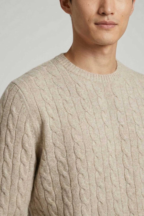 Maglia Girocollo a Trecce 6 Fili in Puro Cashmere Ghiaia