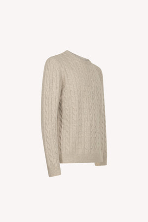 Maglia Girocollo a Trecce 6 Fili in Puro Cashmere Ghiaia